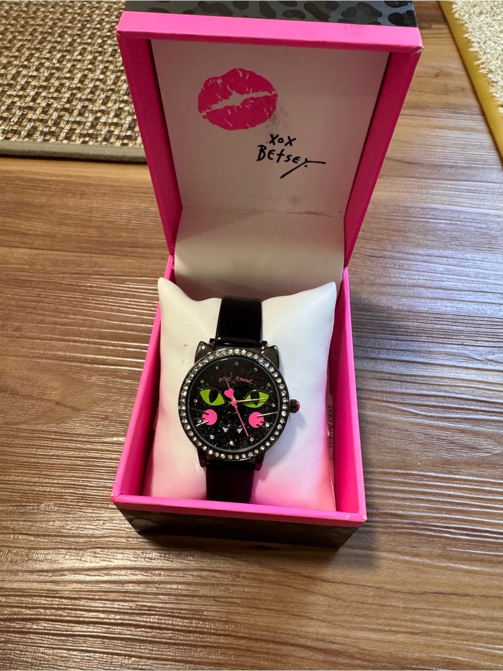 Betsey Johnson Black Cat Dial Watch with Pink & Neon Green Accents